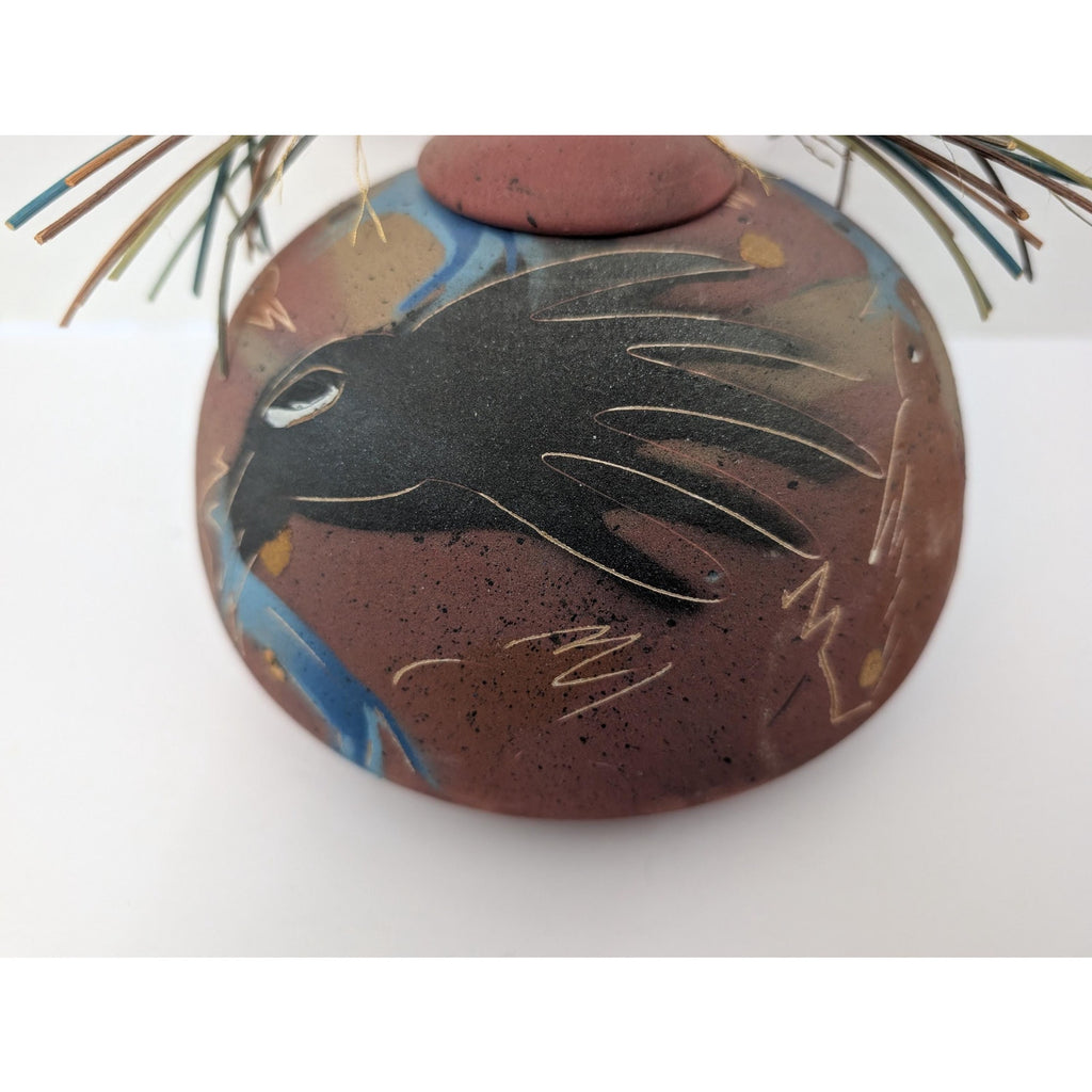 Laura Ross Studio Pottery Lidded Vessel Pine Needle Lid Raven Bird Motif Mixed Media Ceramic Jar Signed Art Pottery Southwest Decor