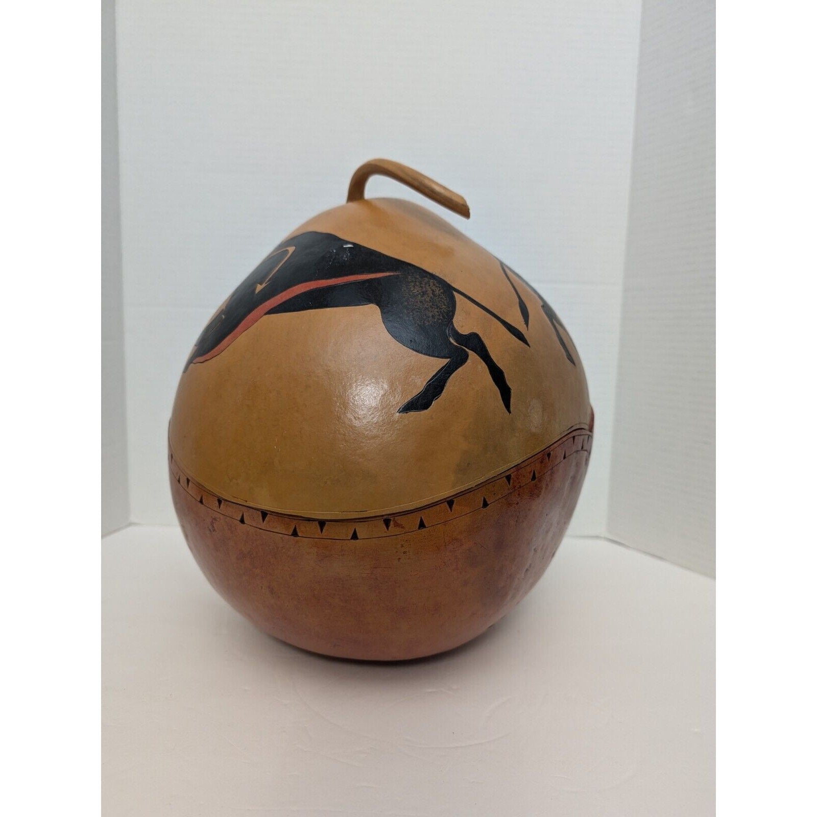Very Large Native American Hand Painted Gourd Feathers And Buffalo Design