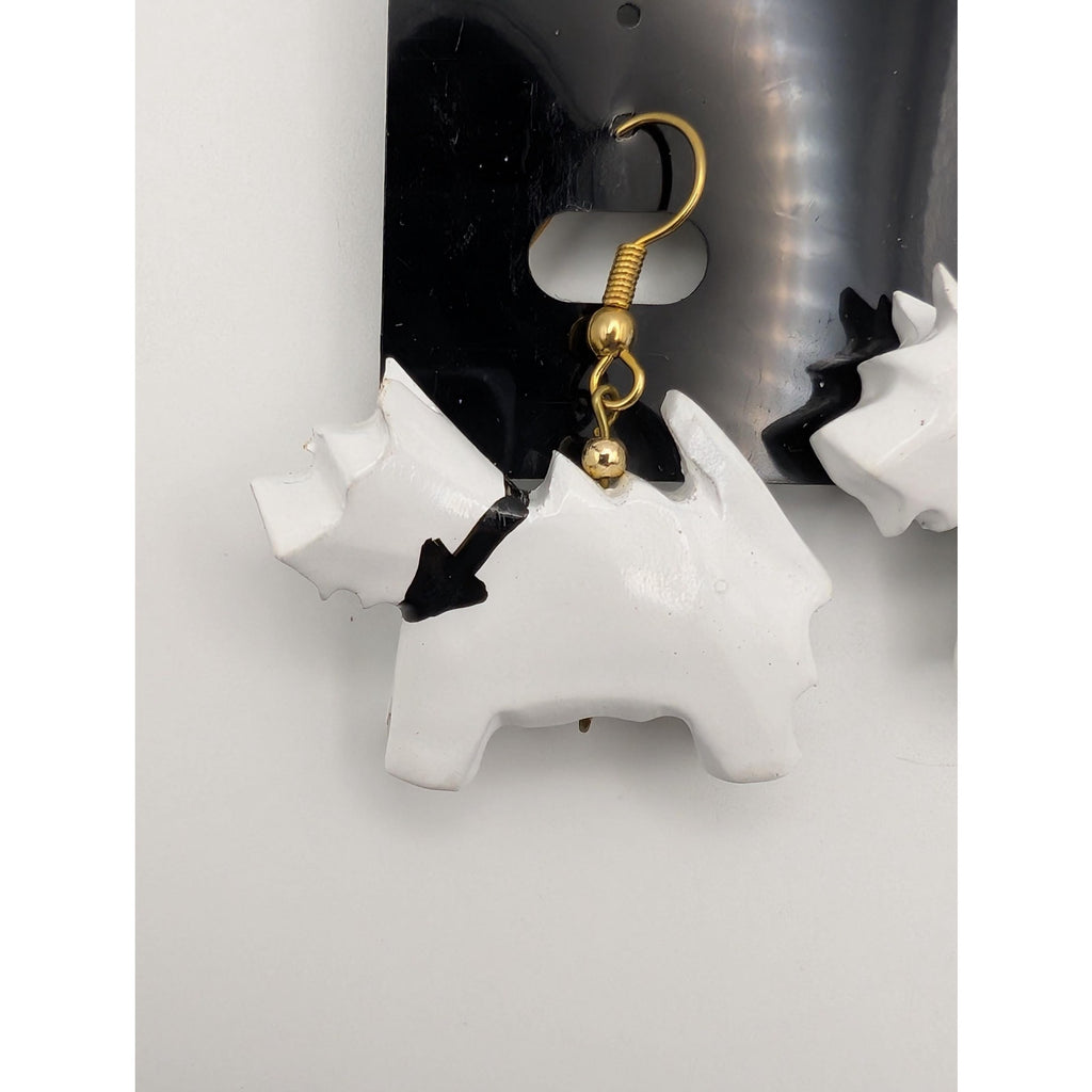 White Wooden Scottie Dog Dangle Earrings - Hand Painted Scottish Terrier Jewelry