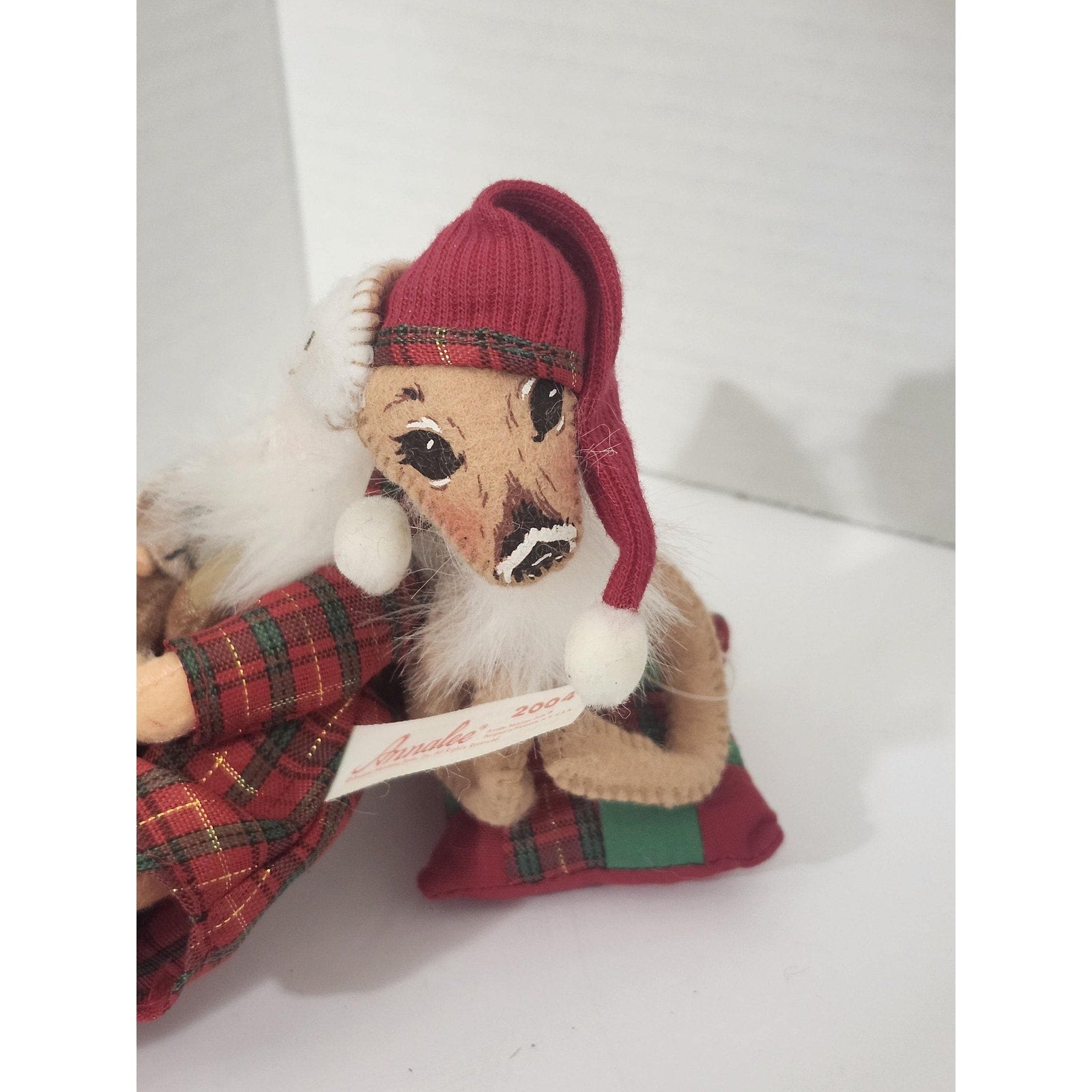 Vintage 2004 Annalee Mobilitee Christmas Plaid Santa with Deer Teddy Bear Doll