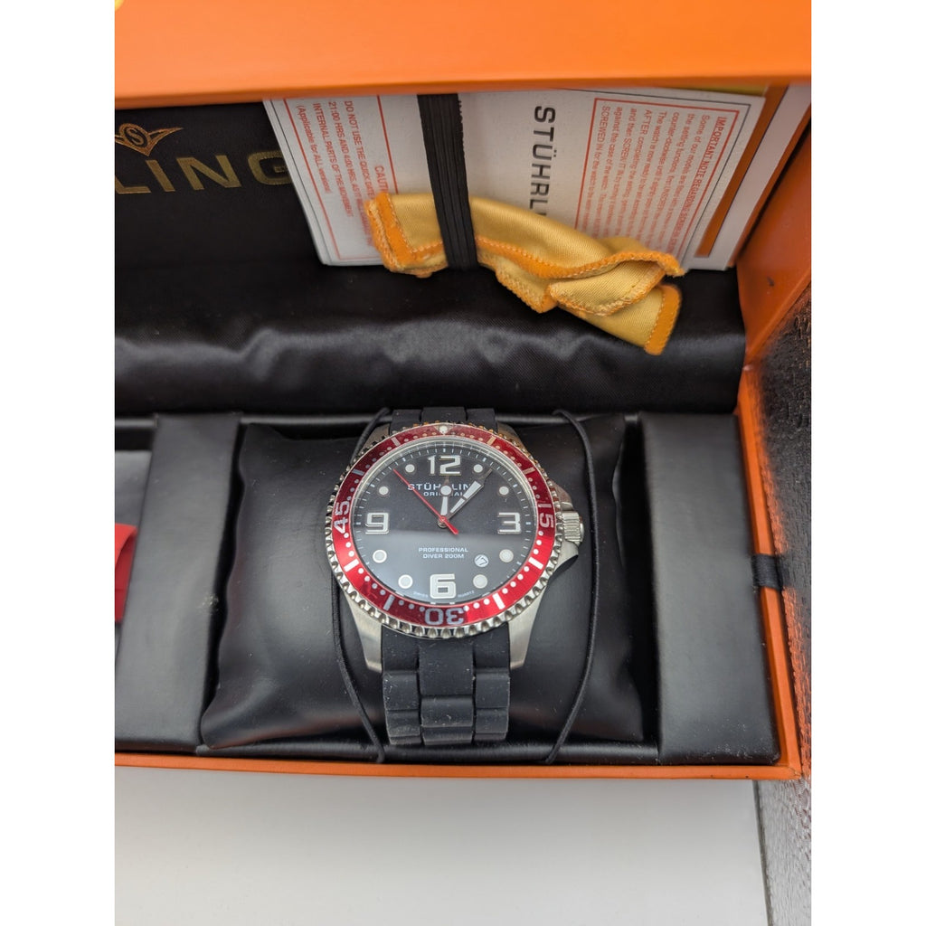 Stührling Original Professional Diver 200M Watch Swiss Quartz Red Bezel New