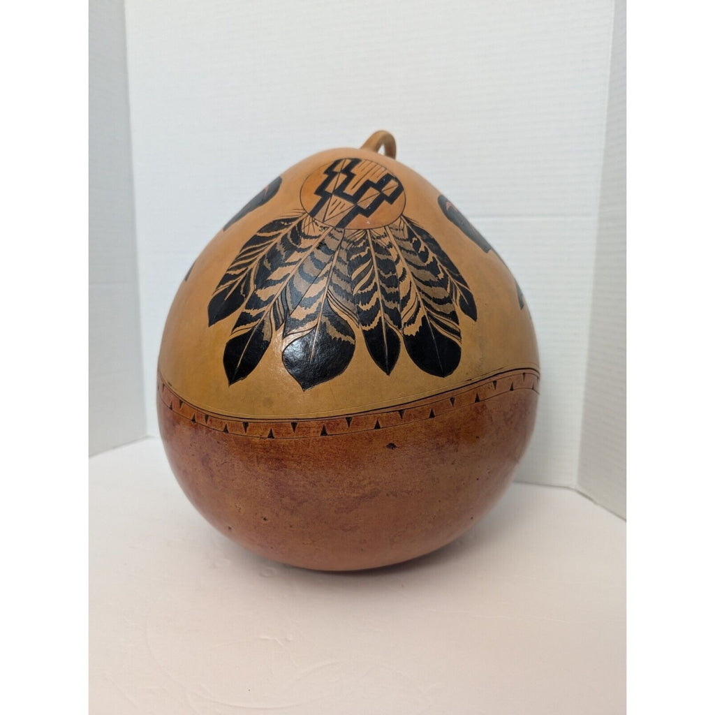 Very Large Native American Hand Painted Gourd Feathers And Buffalo Design