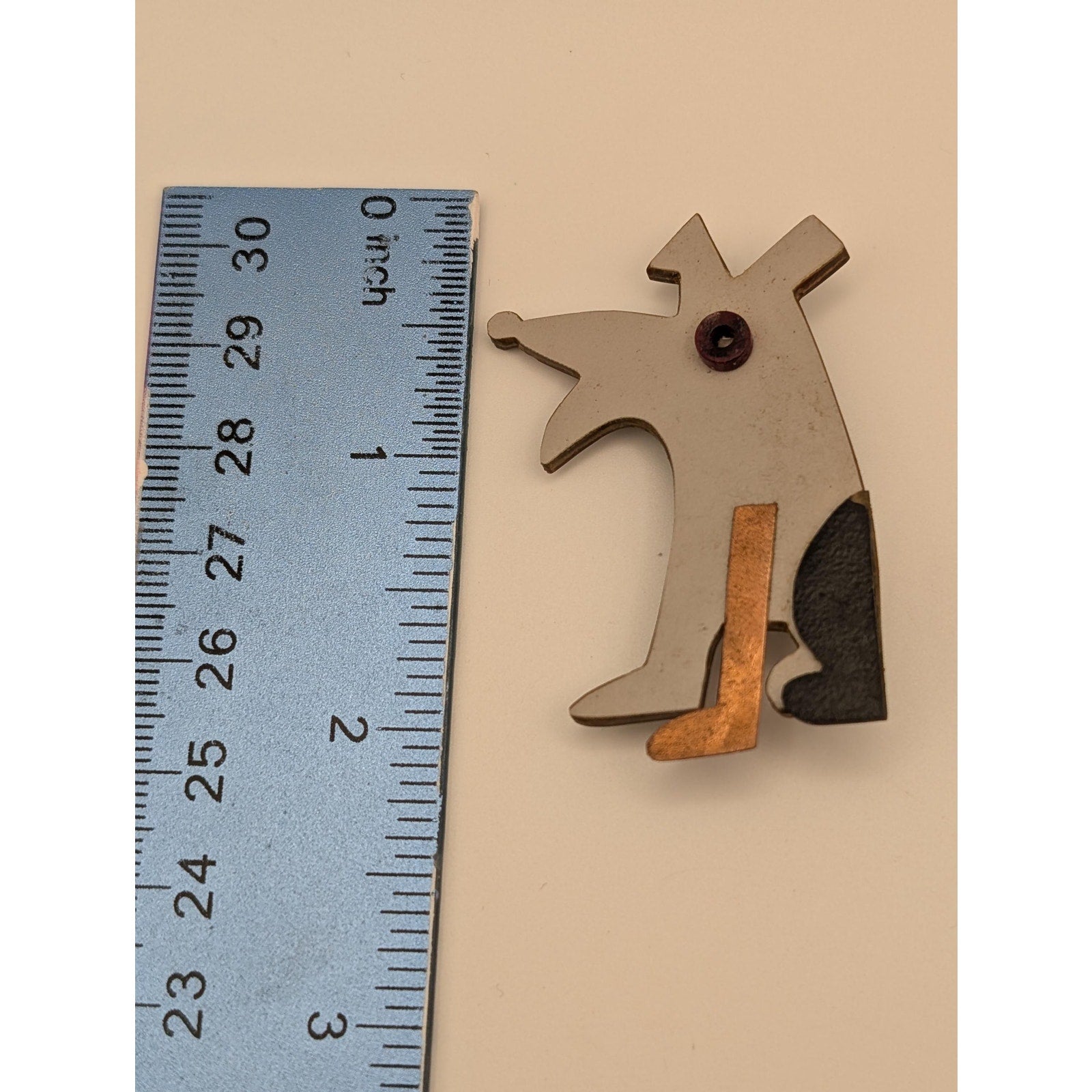 Modernist Mixed Media Dog Brooch Mixed Metal and Wood Abstract Puppy Pin