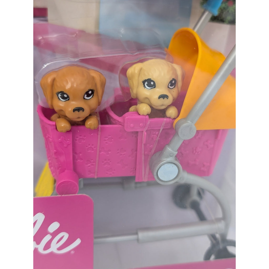 Barbie Stroll 'n Play Pups Playset W Blonde Barbie Doll 2 Pups Pet Stroller New