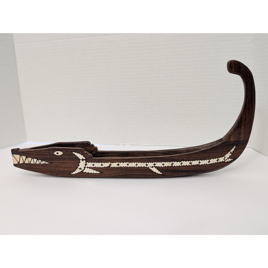 Hand-Carved Solomon Islands Tribal Spirit Boat Rosewood with Shell Inlay Crocodile/Sea Spirit Motif