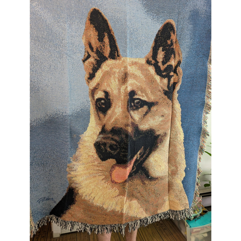Vintage Linda Picken German Shepherd Dog Woven Tapestry Throw Blanket 47x60 USA Cotton Fringe