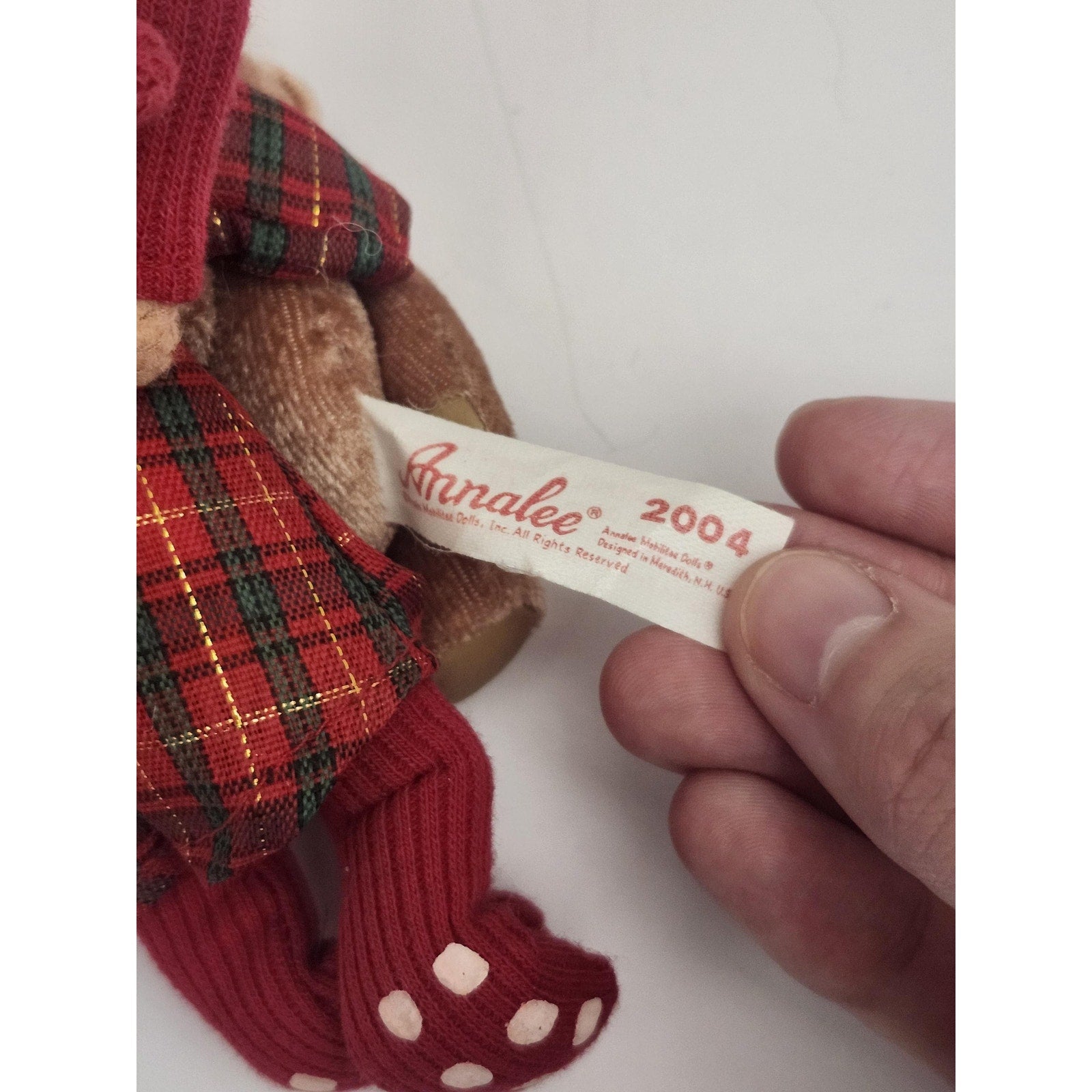 Vintage 2004 Annalee Mobilitee Christmas Plaid Santa with Deer Teddy Bear Doll