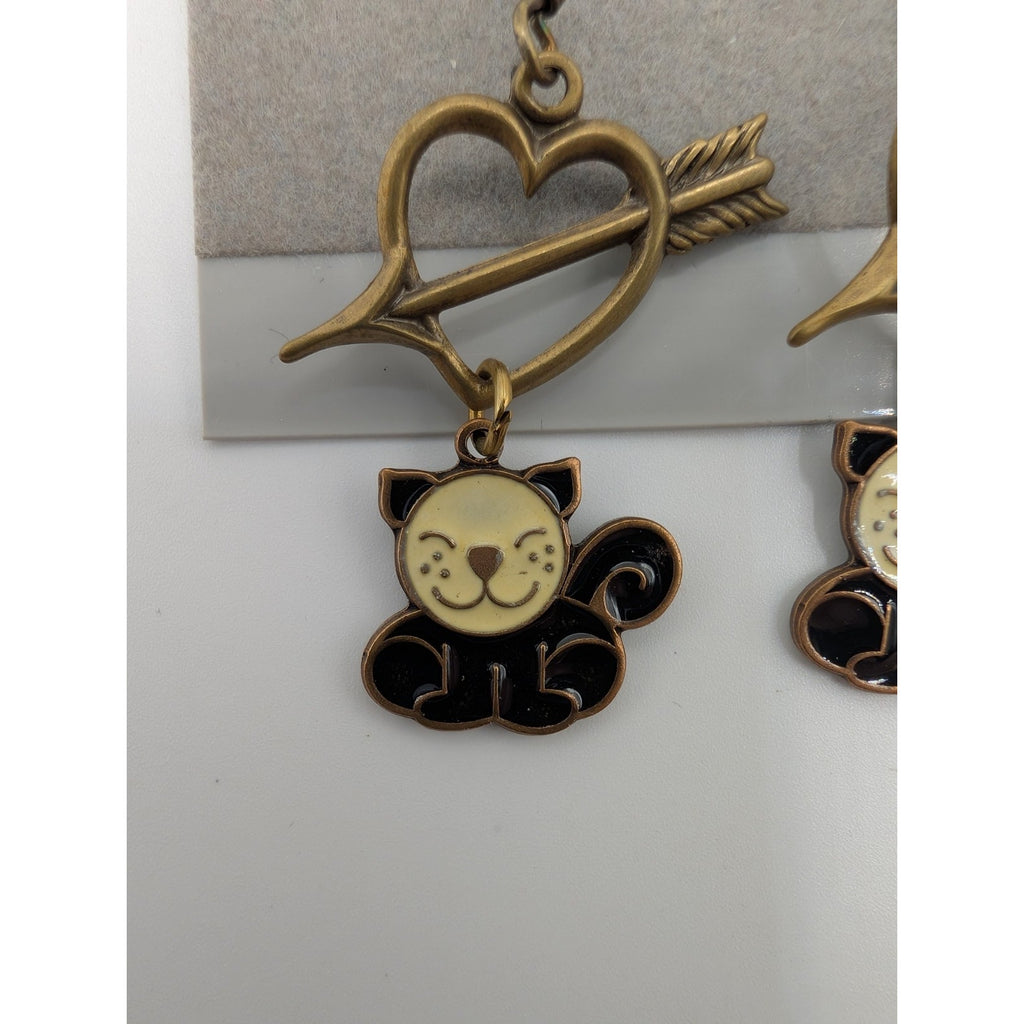 Vintage Whimsical Cupid Heart & Black Cat Dangle Earrings Bronze Tone