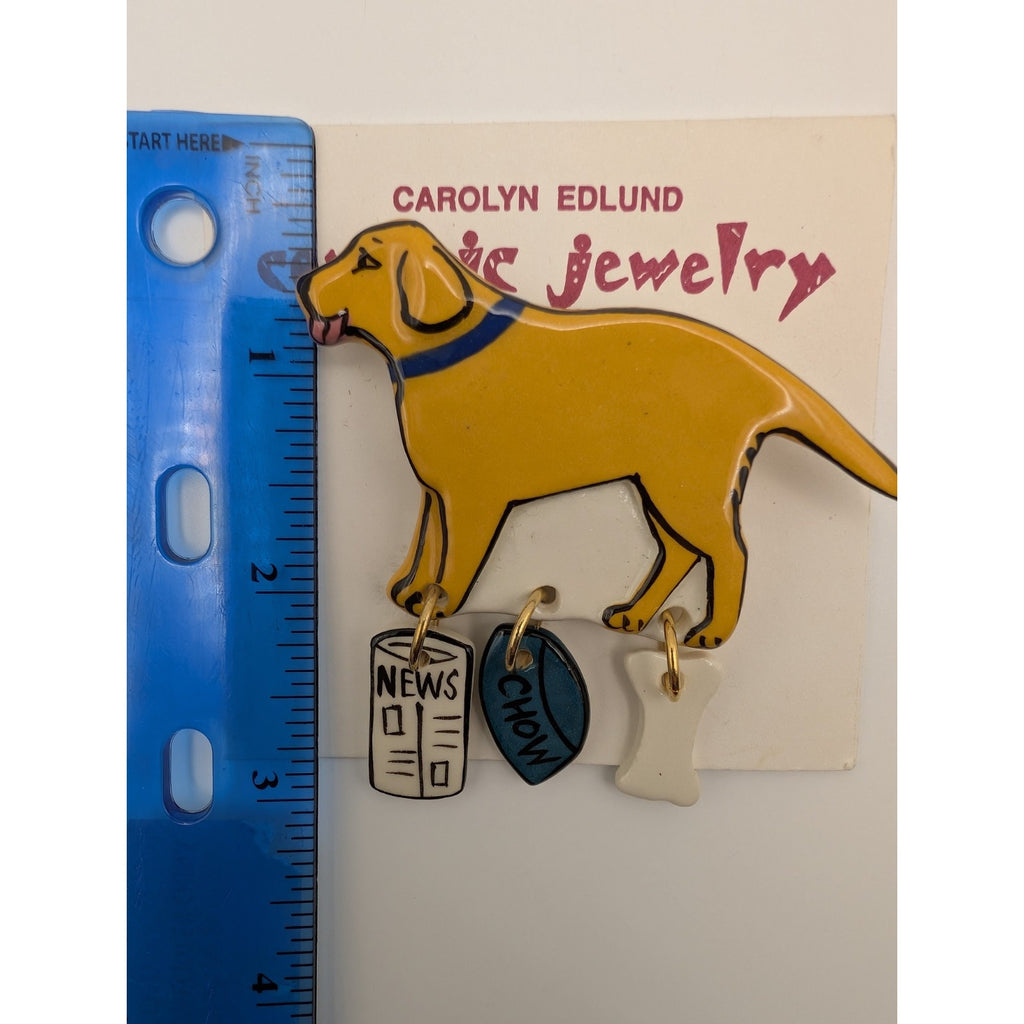 Vintage Signed Carolyn Edlund Ceramic Golden Retriever / Yellow Lab Pin New