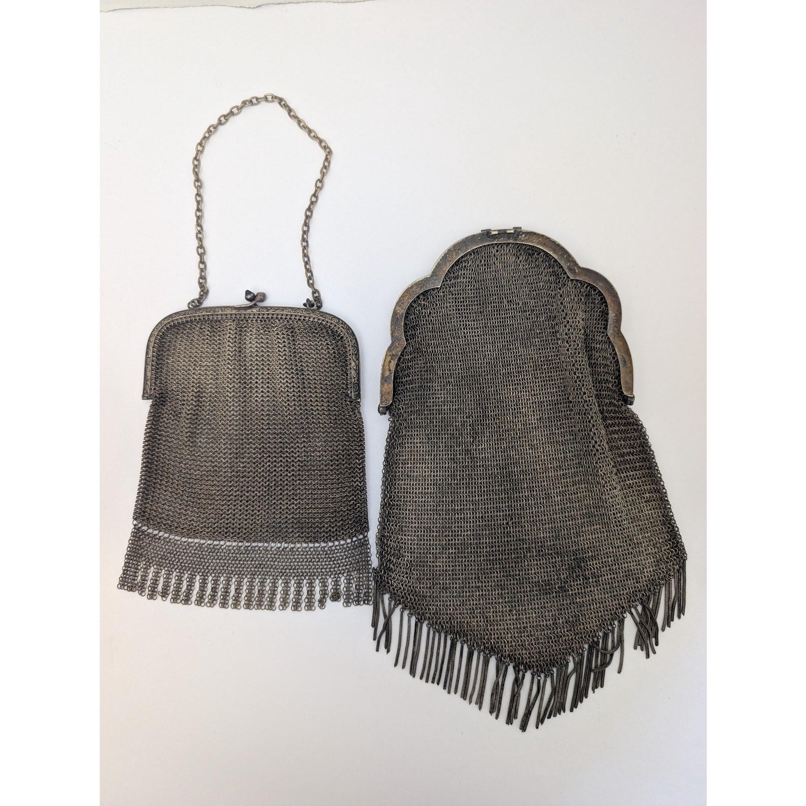 Lot of 2 Antique Art Deco Mesh Purses Gunmetal Chain Mail Tassel Fringe Flapper Bag