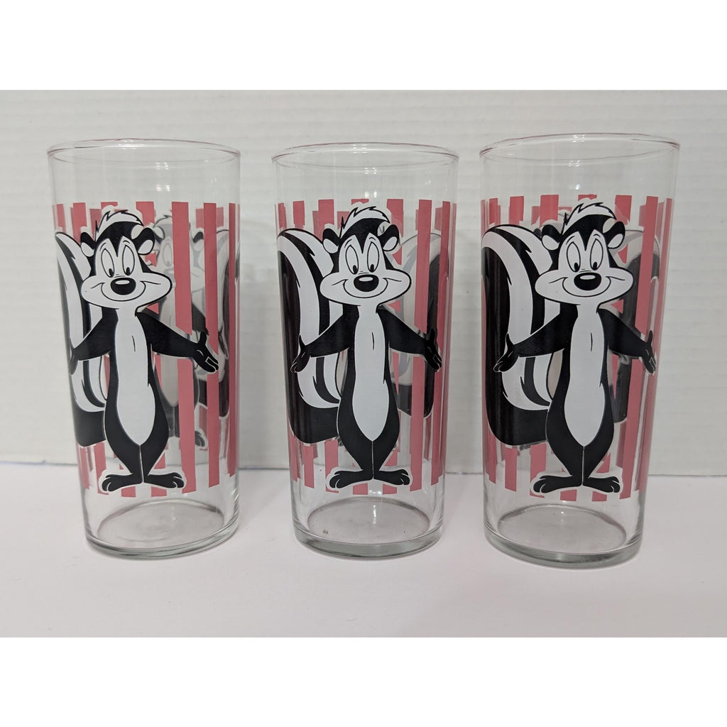 Set of 3 Vintage 1998 Pepe Le Pew Pink Stripe Glass Set Looney Tunes Warner Bros Collector Tumblers