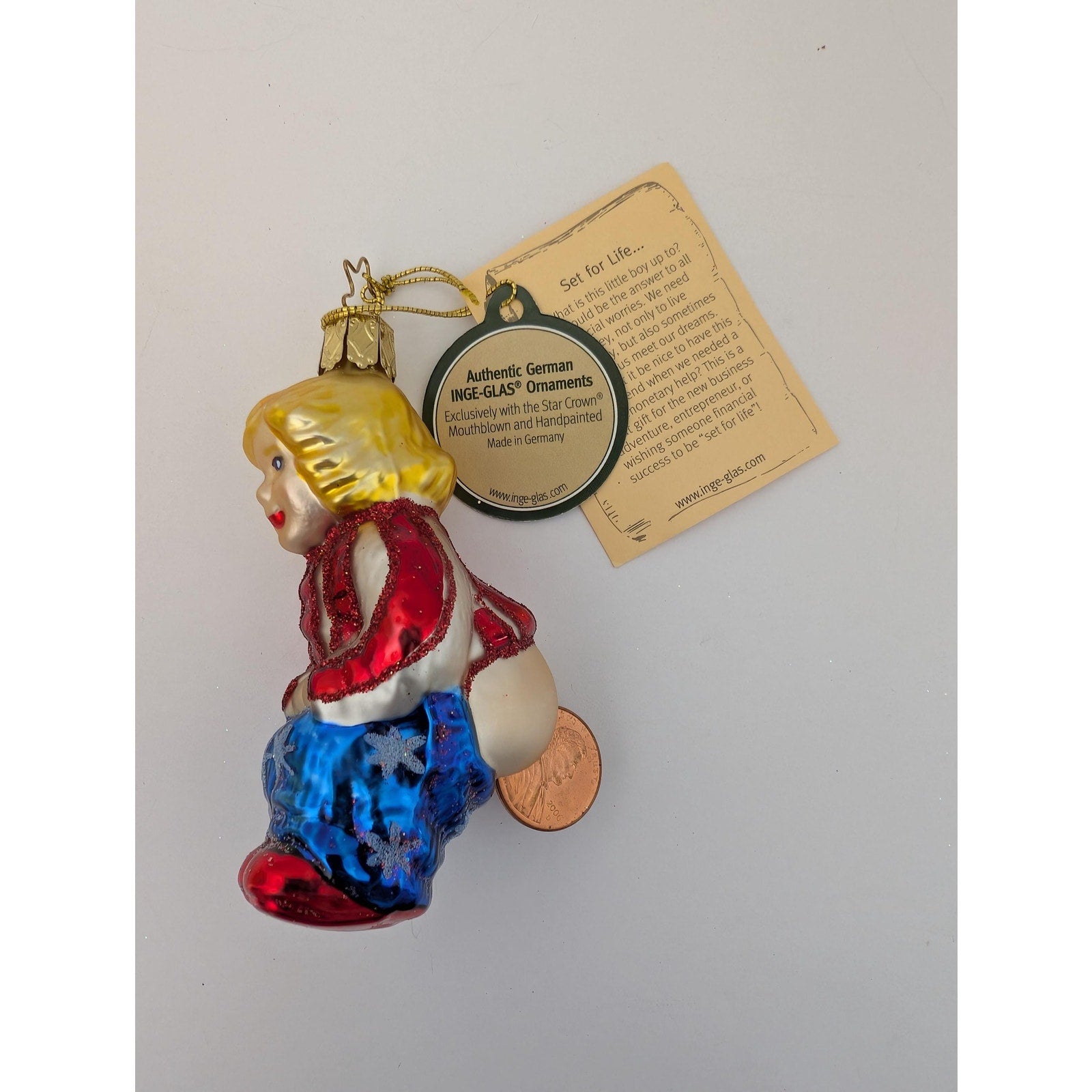 Inge-Glas German Glass Ornament Set for Life Little Boy Mooning Lucky Penny Star Crown