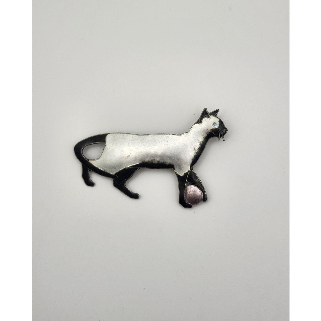 Vintage Metal Siamese Cat Playing Ball Enamel Brooch Pin Walking Feline