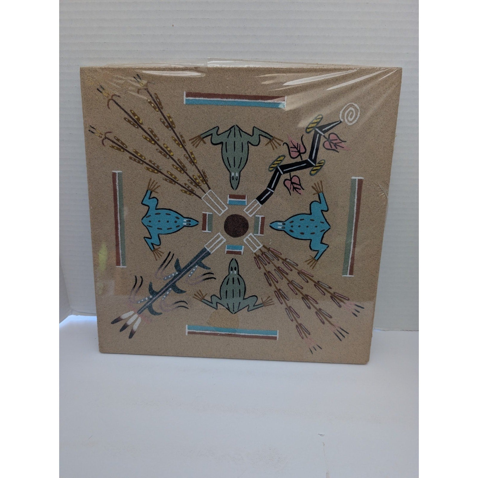Authentic Navajo Frogs with Four Sacred Plants Sand Painting by Judy Sam
