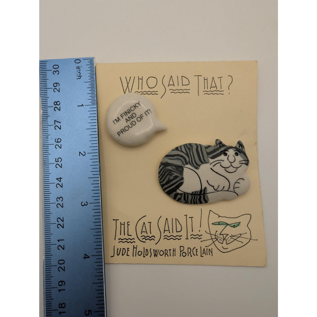 Vintage Jude Holdsworth Porcelain Cat Pin Set Finicky and Proud Brooch with Speech Bubble