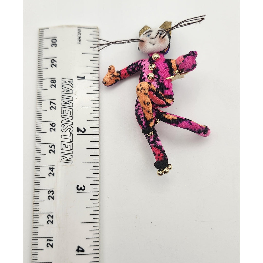 Vintage Whimsical Fabric Jester Cat Brooch Pin Soft Sculpture Art Novelty Jewelry