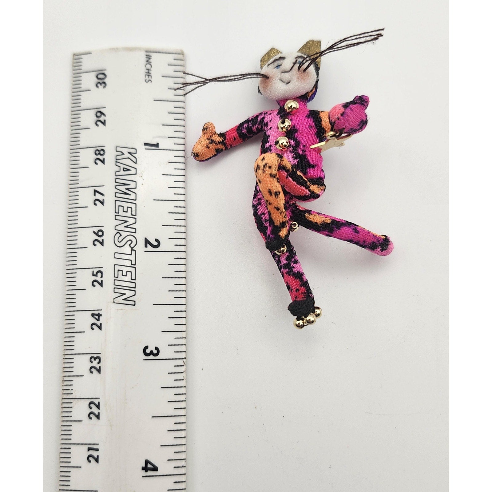 Vintage Whimsical Fabric Jester Cat Brooch Pin Soft Sculpture Art Novelty Jewelry