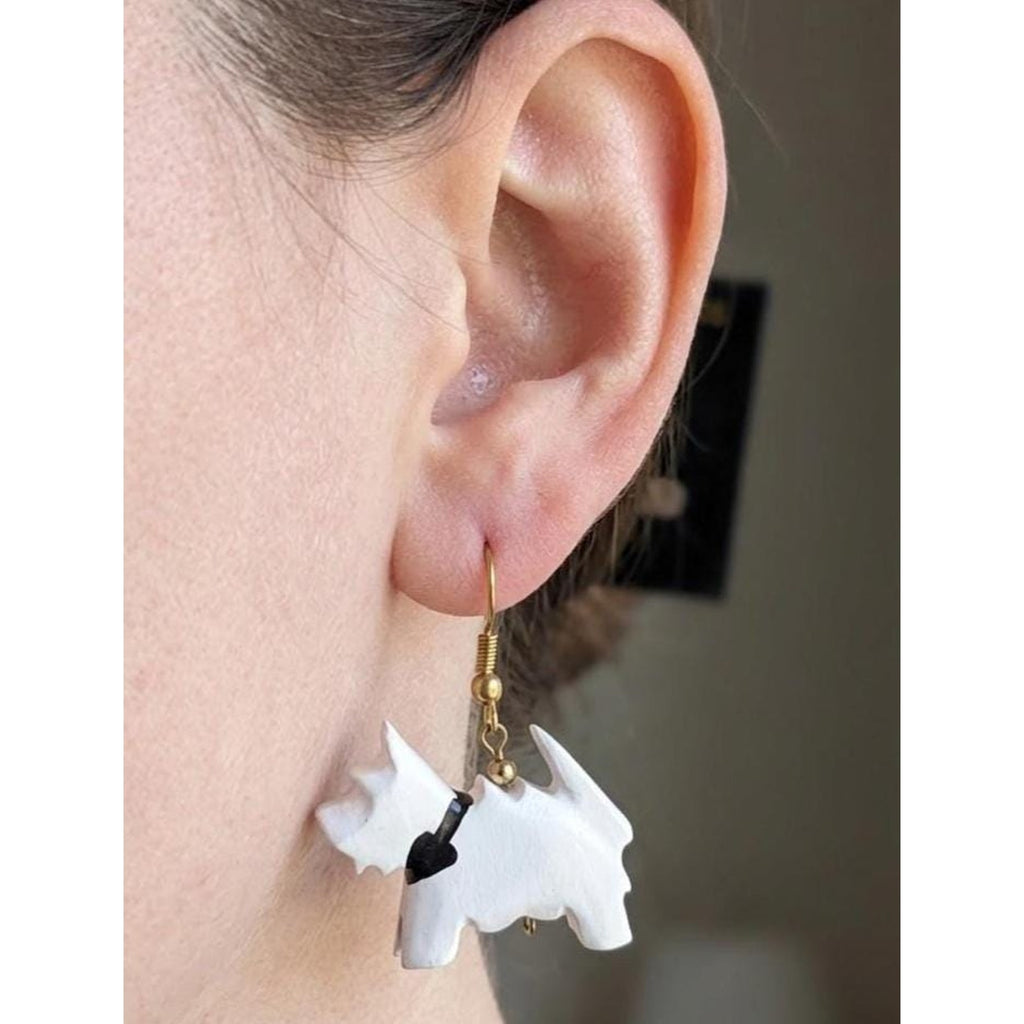 White Wooden Scottie Dog Dangle Earrings - Hand Painted Scottish Terrier Jewelry
