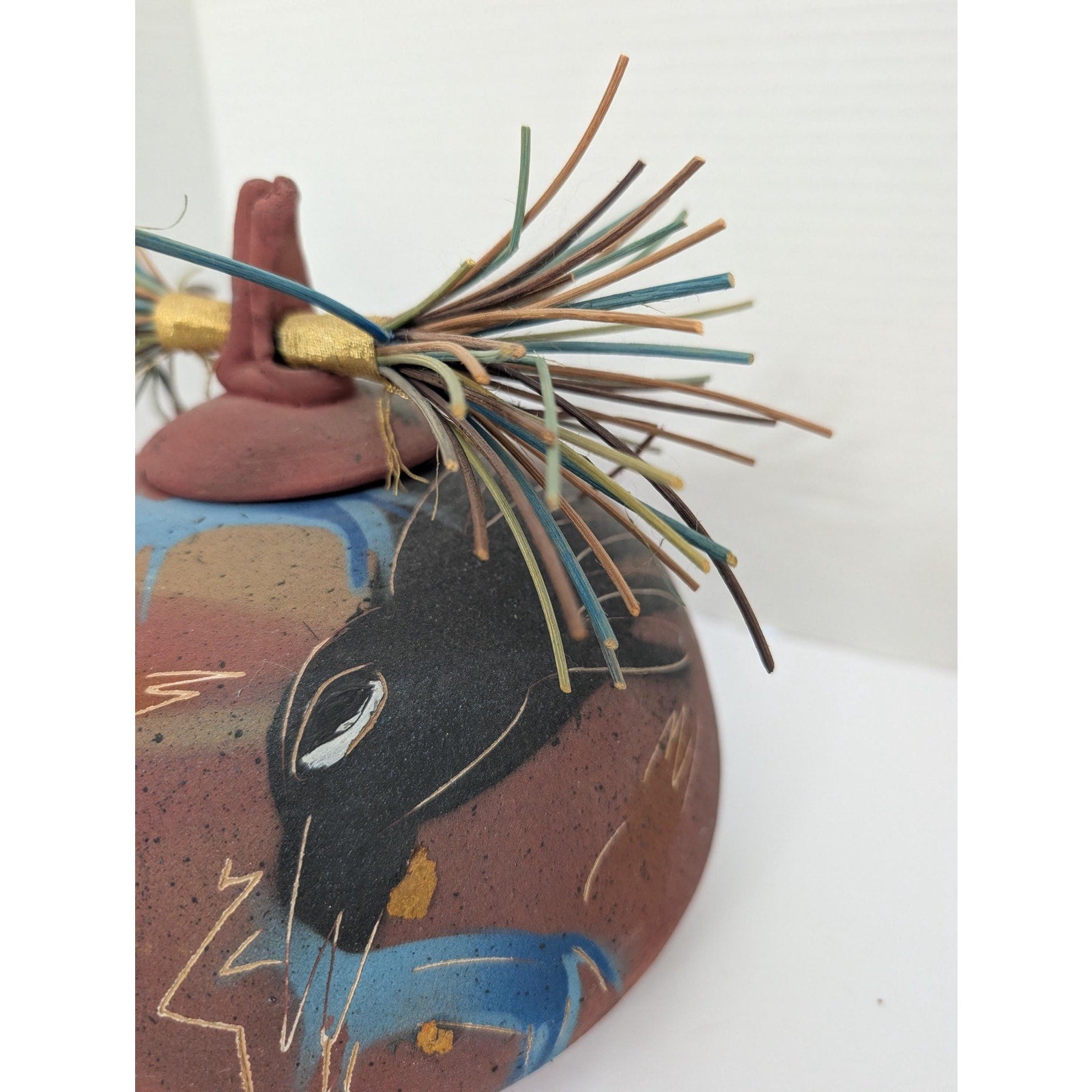 Laura Ross Studio Pottery Lidded Vessel Pine Needle Lid Raven Bird Motif Mixed Media Ceramic Jar Signed Art Pottery Southwest Decor