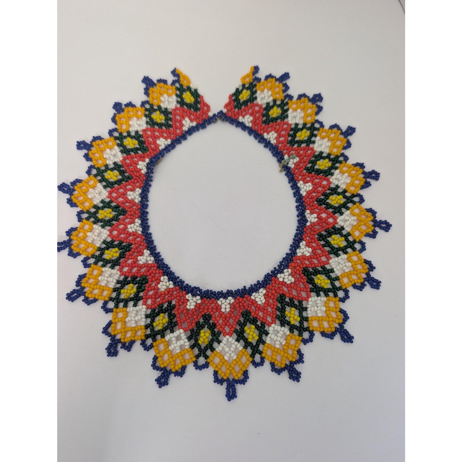 Vintage Indigenous Beaded Collar Necklace Vibrant Geometric Seed Bead Statement Piece