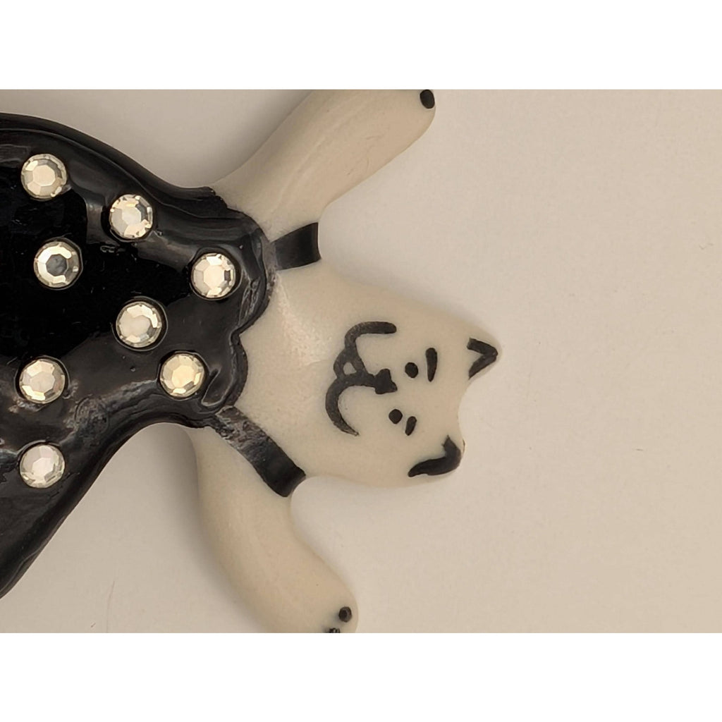 Whimsical Ceramic Dancing Cat Pin White and Black Rhinestone Polka Dot Dress