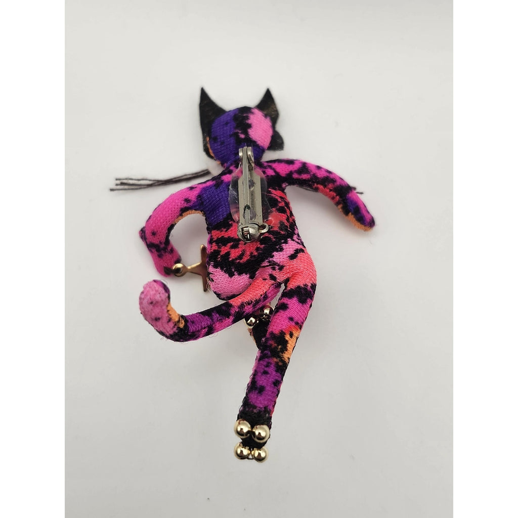 Vintage Whimsical Fabric Jester Cat Brooch Pin Soft Sculpture Art Novelty Jewelry