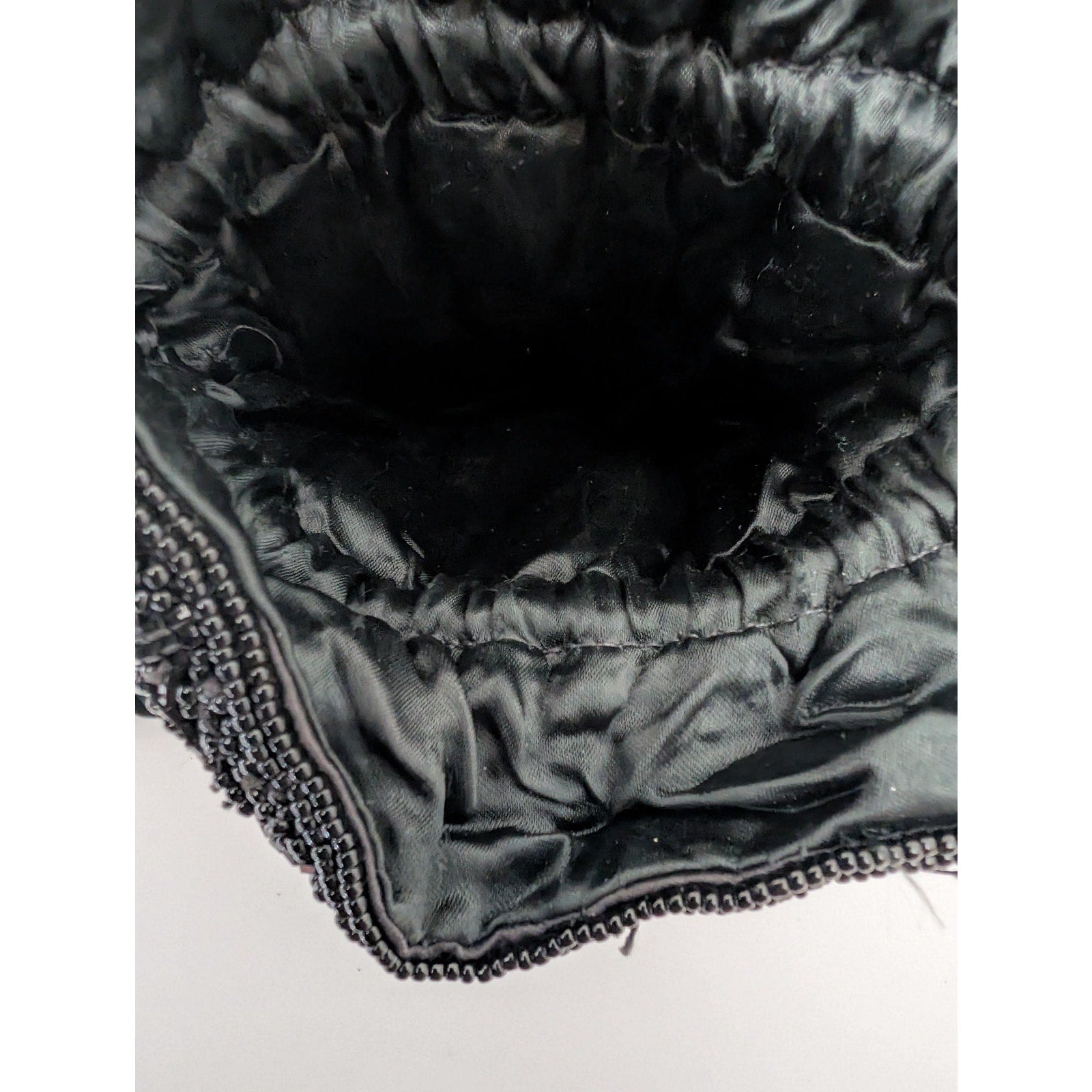 Vintage Black Beaded Drawstring Reticule Purse Handbag With Peacock Feather Pattern