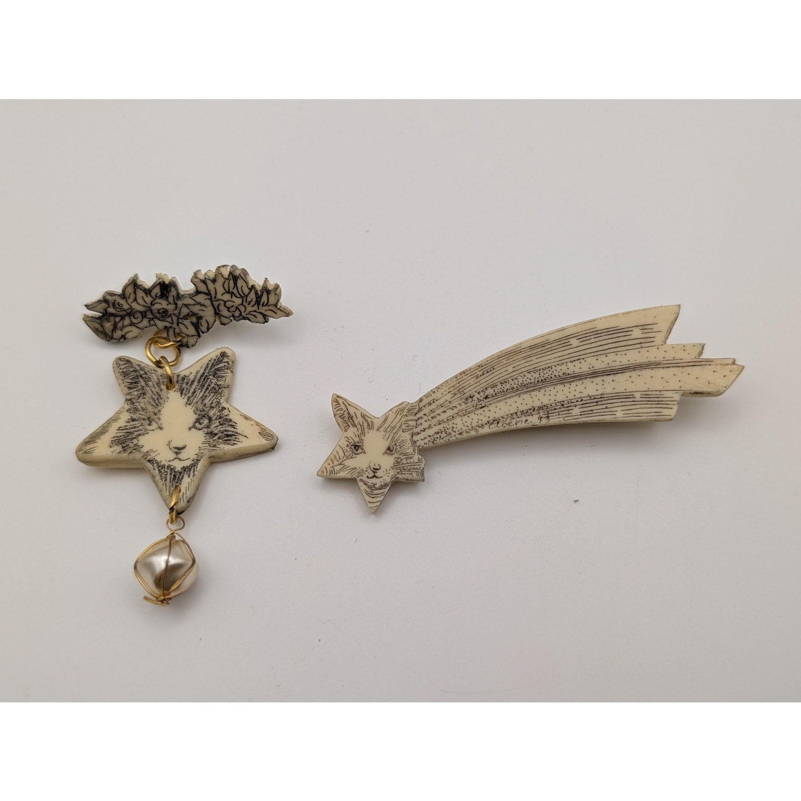Vintage Cloene Signed Faux Scrimshaw Cat Star Brooch Pin Lot Celestial Feline Resin