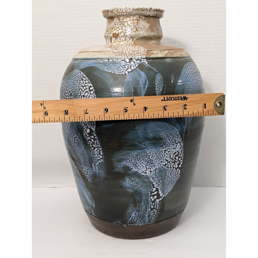 Amazing Drip Glazed Blue Tan Signed Studio Pottery Large Vase