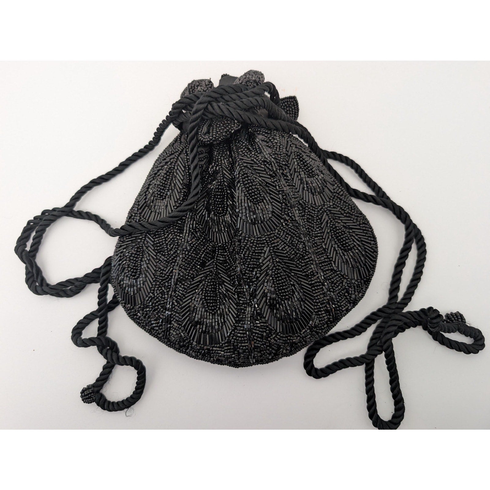 Vintage Black Beaded Drawstring Reticule Purse Handbag With Peacock Feather Pattern