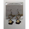 Vintage Whimsical Cupid Heart & Black Cat Dangle Earrings Bronze Tone