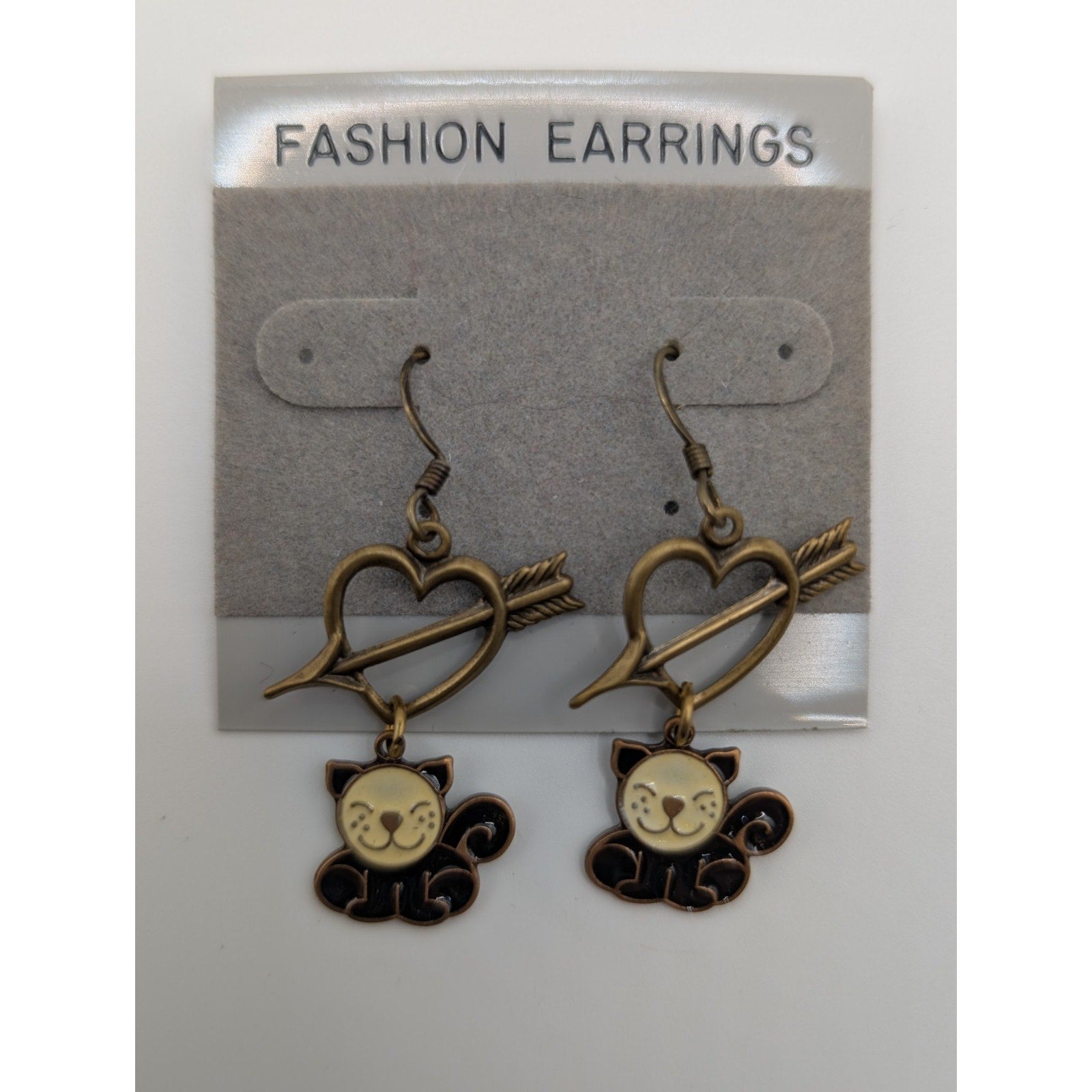 Vintage Whimsical Cupid Heart & Black Cat Dangle Earrings Bronze Tone