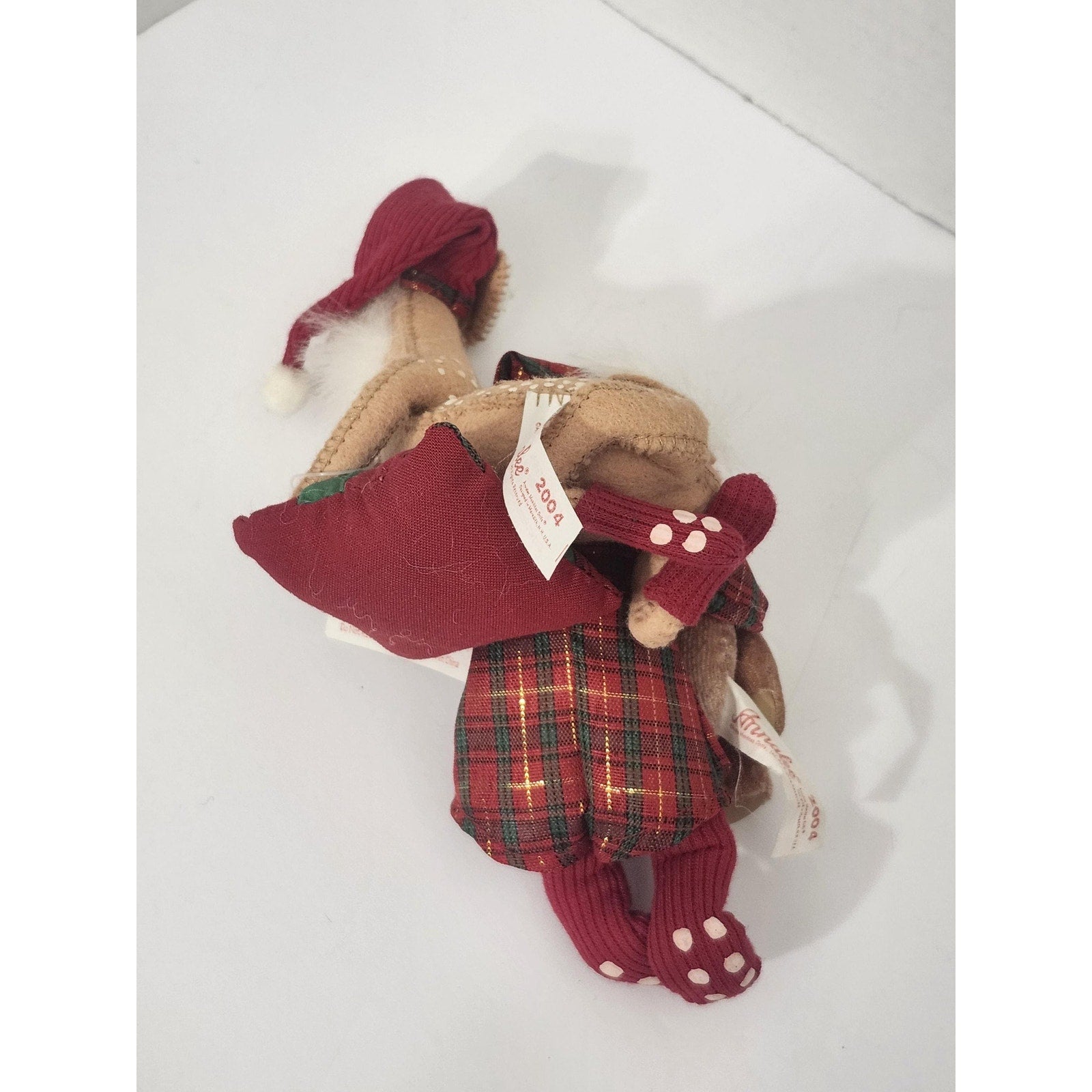 Vintage 2004 Annalee Mobilitee Christmas Plaid Santa with Deer Teddy Bear Doll