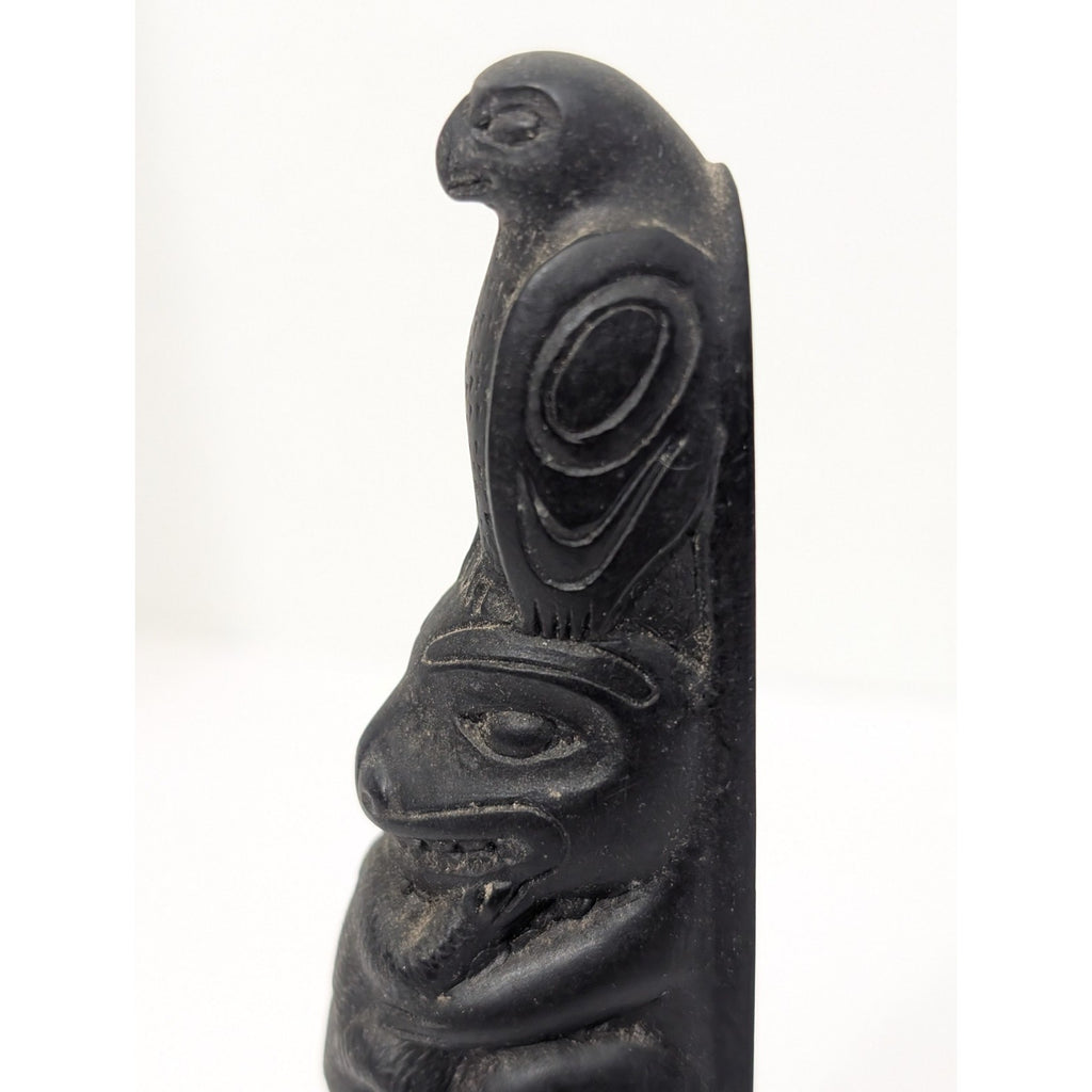 Vintage Totem Pole Figurine Black Resin Stone Eagle Bear Frog Sculpture Canada