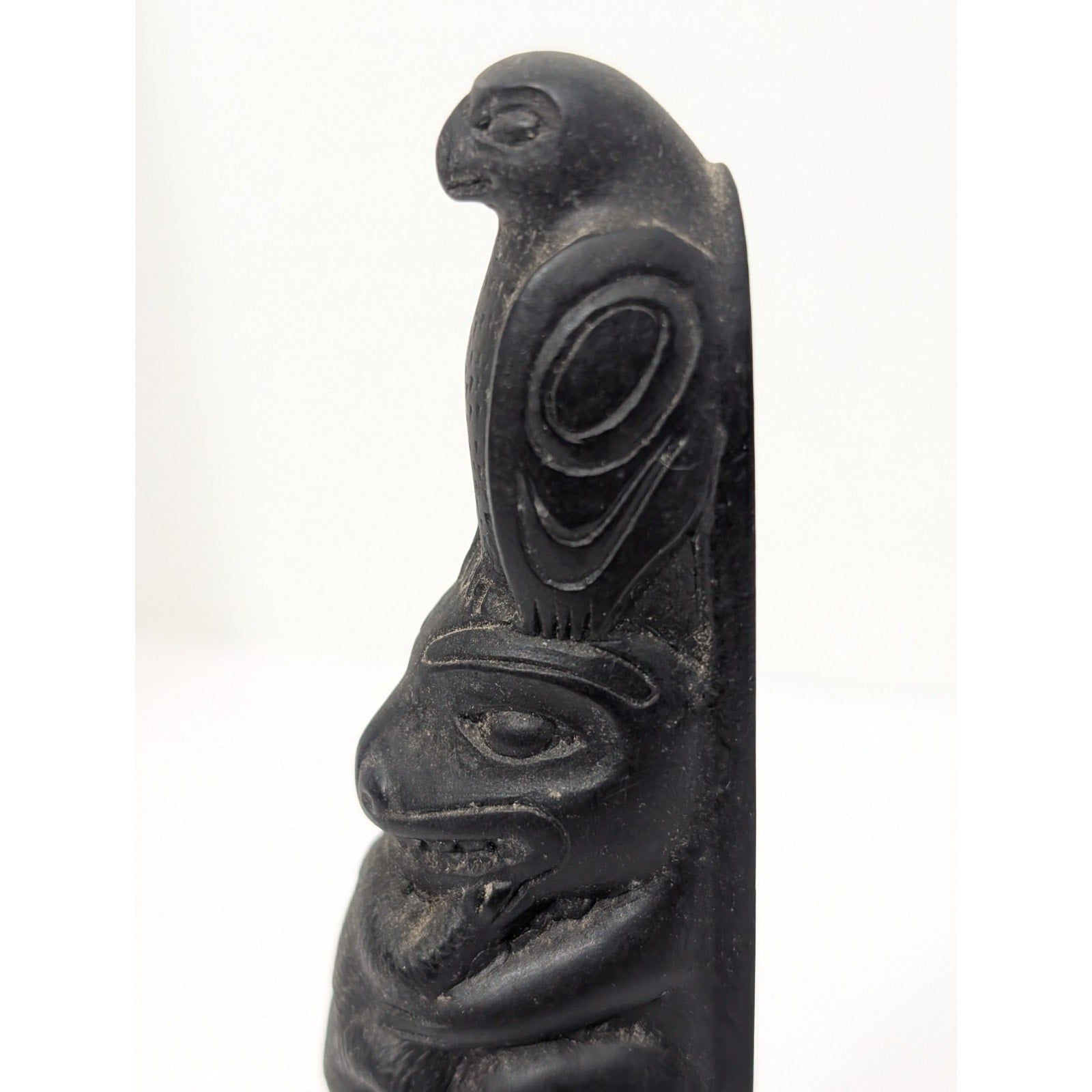 Vintage Totem Pole Figurine Black Resin Stone Eagle Bear Frog Sculpture Canada
