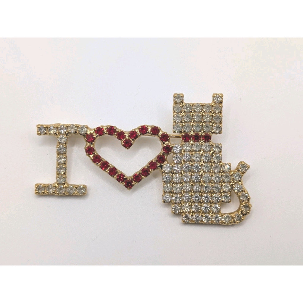 Vintage Dorothy Bauer Signed Rhinestone "I Love Cats" Gold Tone Brooch