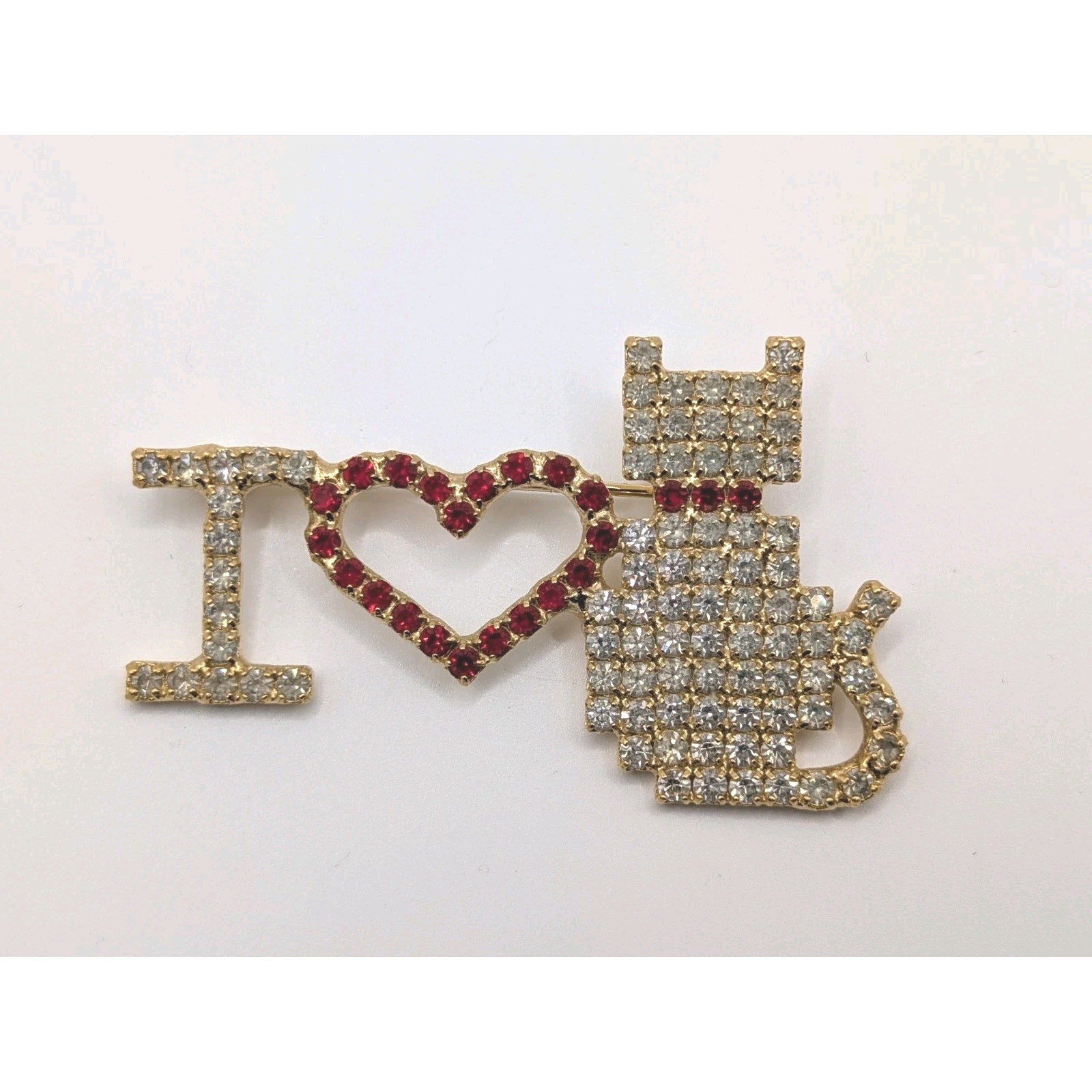 Vintage Dorothy Bauer Signed Rhinestone "I Love Cats" Gold Tone Brooch