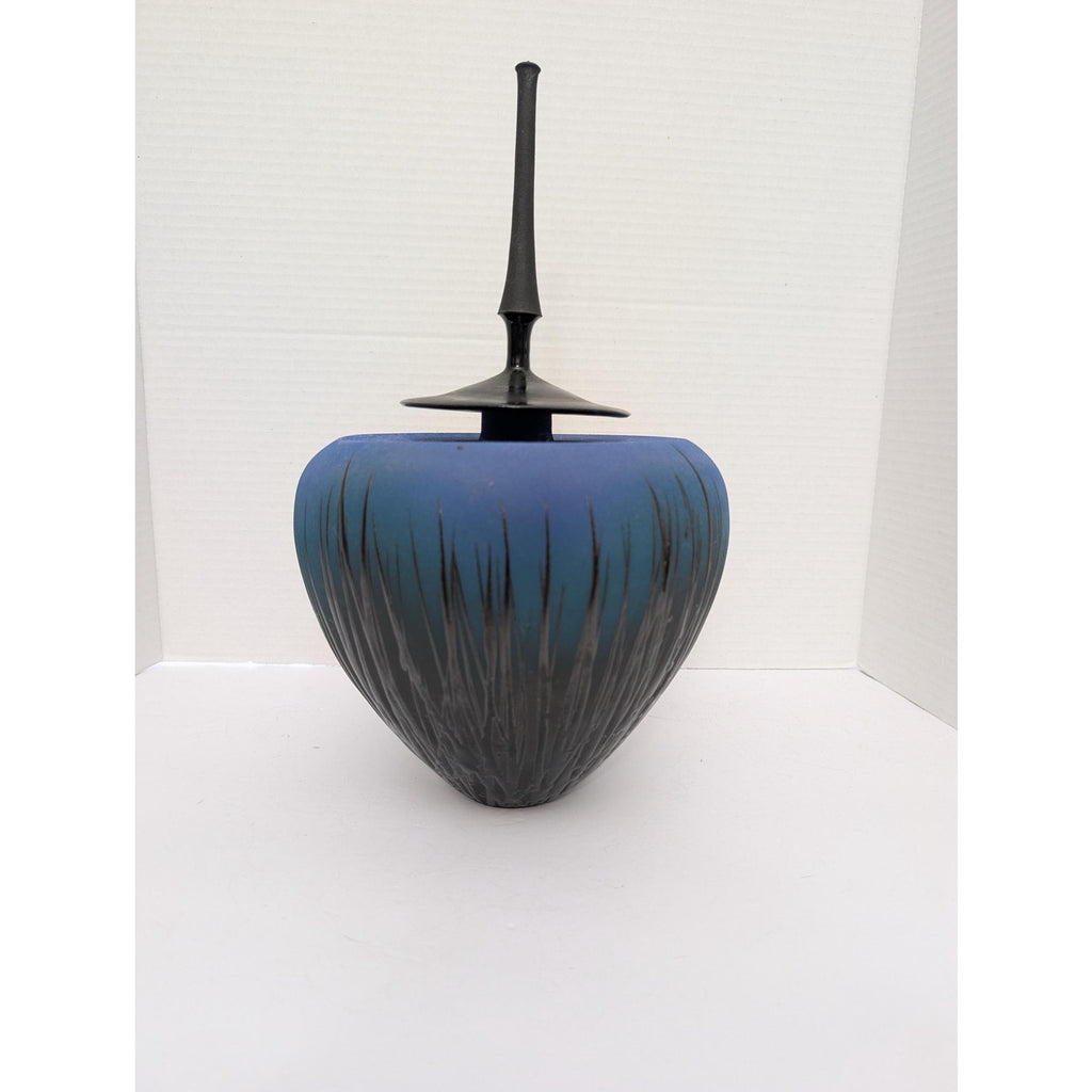 Modernist Studio Art Pottery Lidded Vessel Ombre Blue Sgraffito Grass Tall Spire Finial Signed
