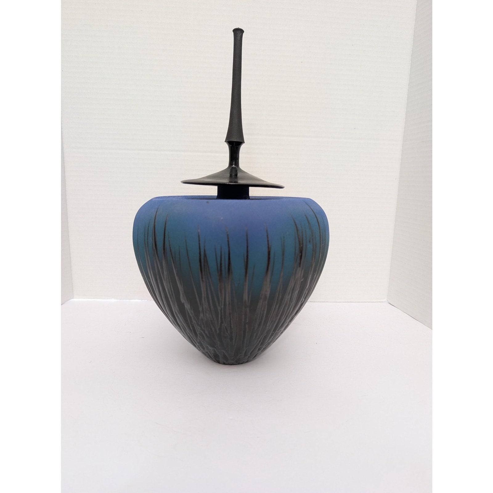 Modernist Studio Art Pottery Lidded Vessel Ombre Blue Sgraffito Grass Tall Spire Finial Signed
