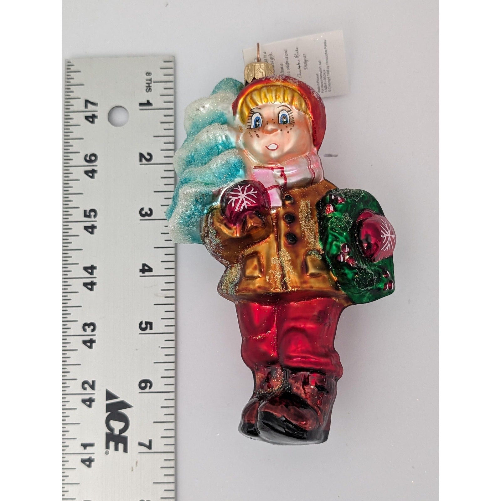 Christopher Radko 1996 Boy with Christmas Tree and Wreath Glass Ornament Made in Poland
