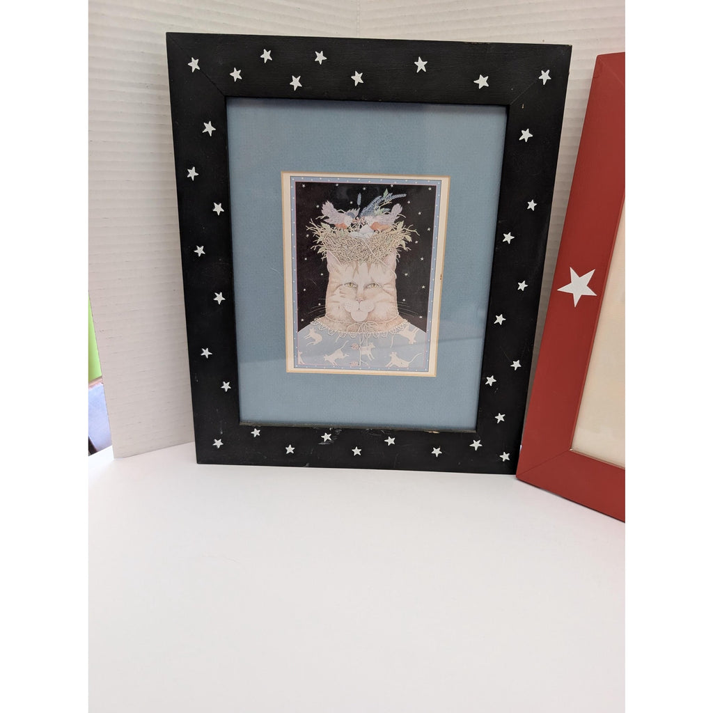 Mary Lake Thompson Set of 2 Whimsical Cat Prints Framed Matted Stars Art Decor