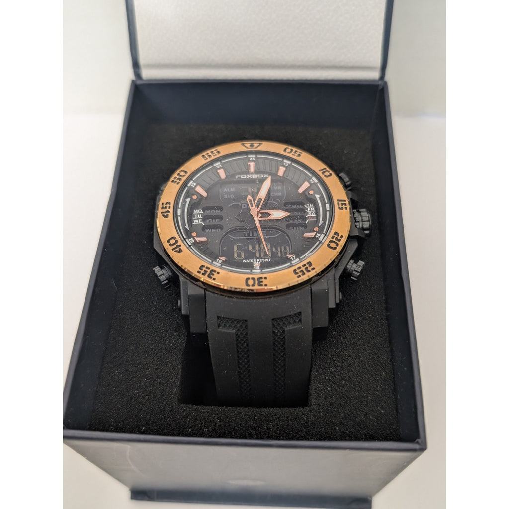 Foxbox Men's Dual-Display Sport Watch Rose Gold Bezel & Tactical Silicon Strap