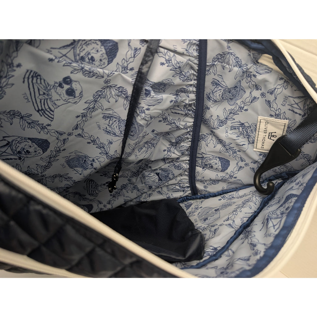 Oliver Thomas Navy Quilted Sling Backpack Dog Print Lining with Pouch
