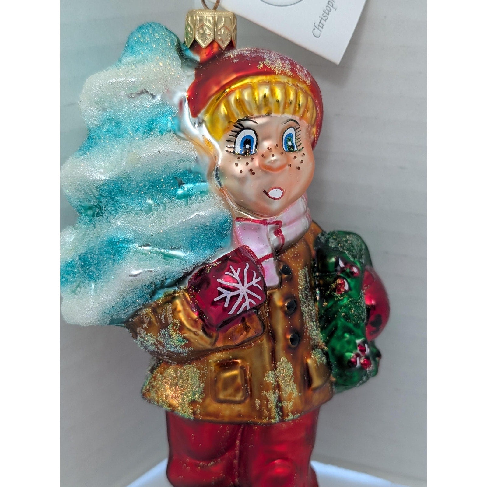 Christopher Radko 1996 Boy with Christmas Tree and Wreath Glass Ornament Made in Poland