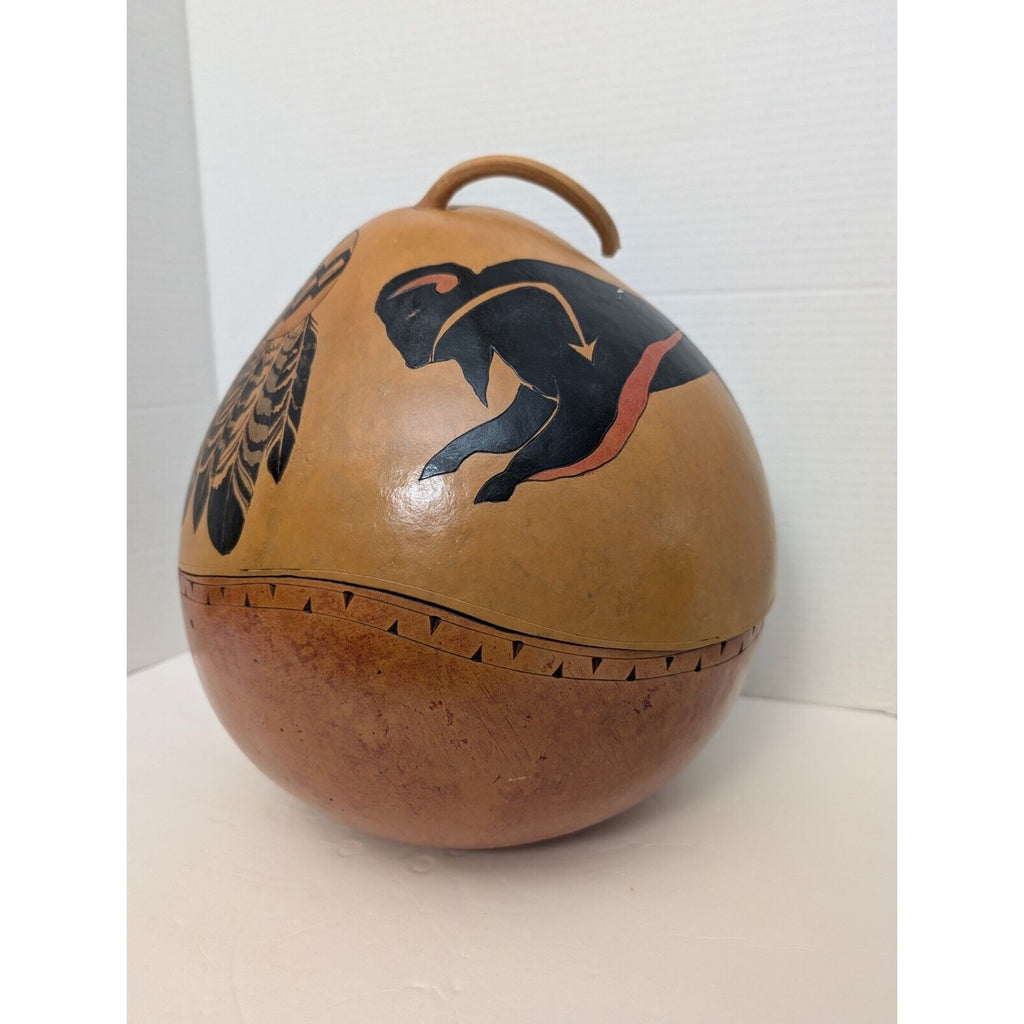 Very Large Native American Hand Painted Gourd Feathers And Buffalo Design