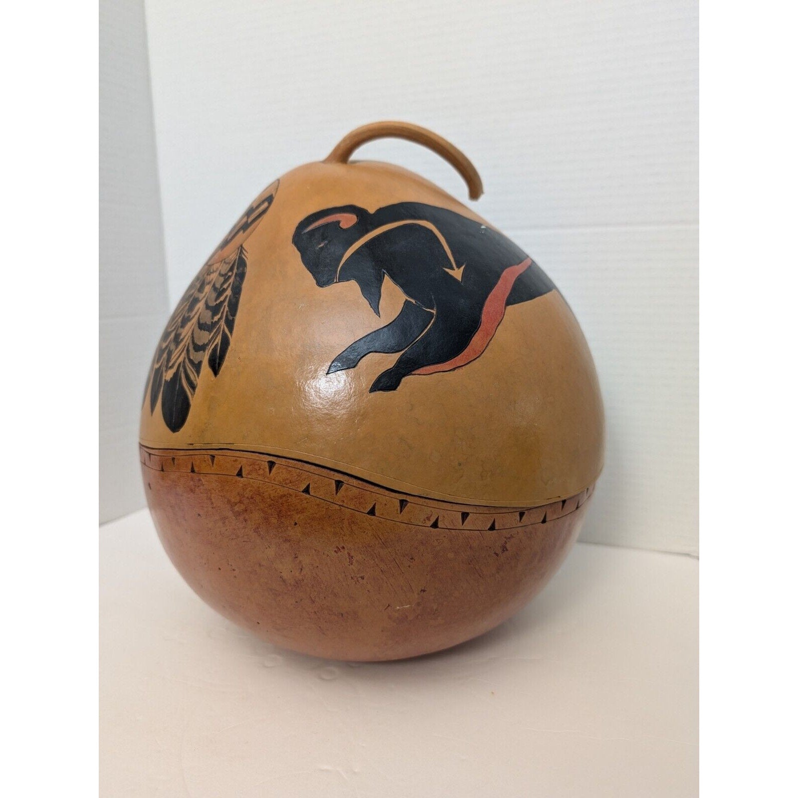 Very Large Native American Hand Painted Gourd Feathers And Buffalo Design