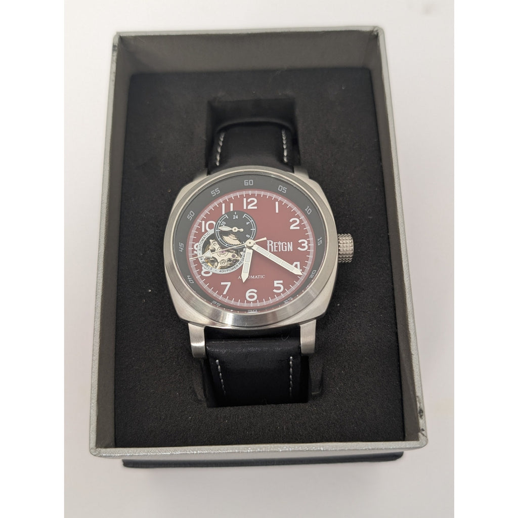 Reign Thanos Automatic Men's Skeleton Watch – Crimson Dial & Leather Strap