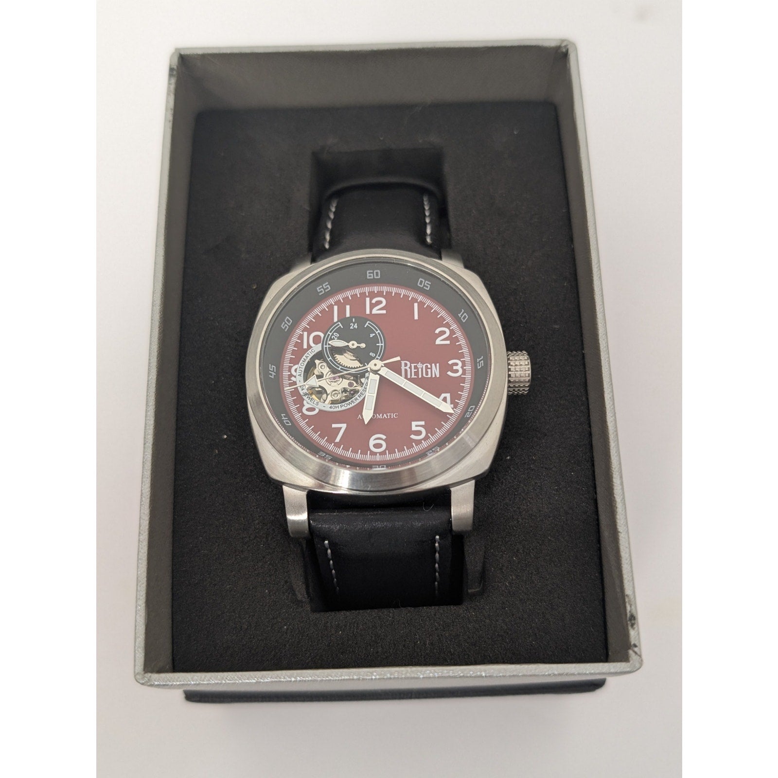 Reign Thanos Automatic Men's Skeleton Watch – Crimson Dial & Leather Strap