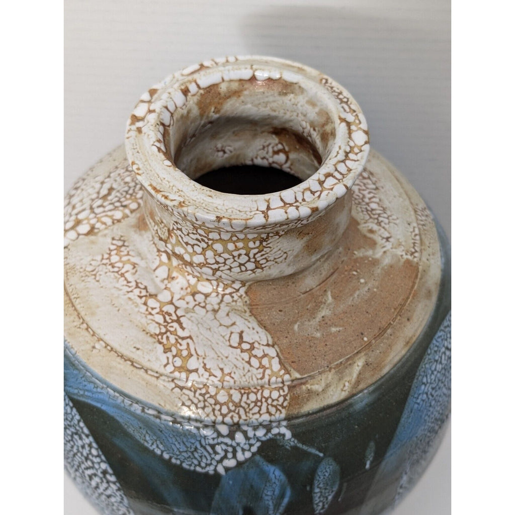 Amazing Drip Glazed Blue Tan Signed Studio Pottery Large Vase