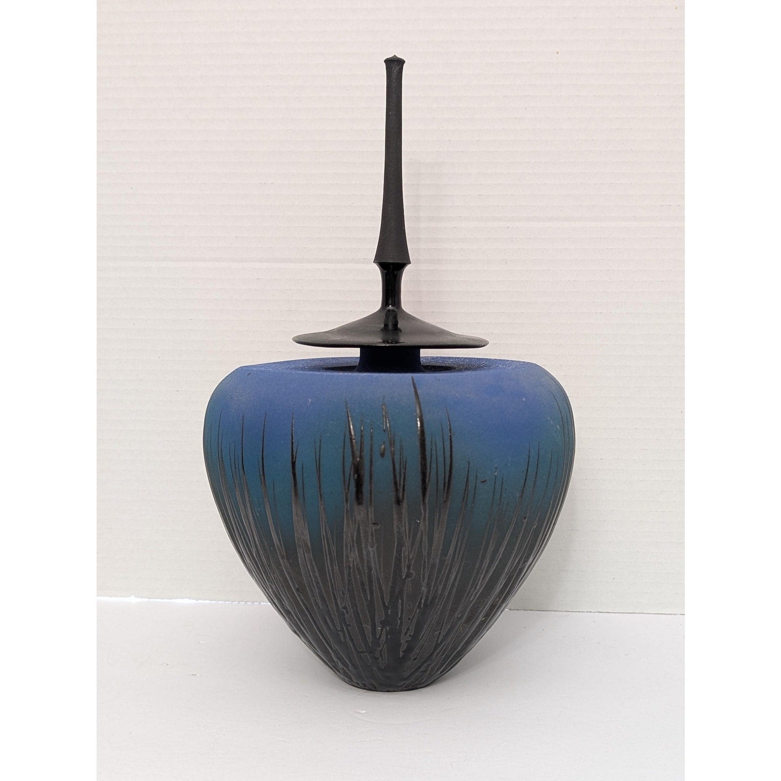 Modernist Studio Art Pottery Lidded Vessel Ombre Blue Sgraffito Grass Tall Spire Finial Signed